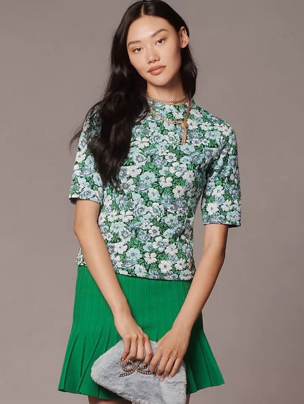 Anthropologie Maeve Short-Sleeve Mock-Neck Jacquard Top M